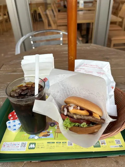 トレイの上にハンバーガーとアイスティーが置かれた食事風景