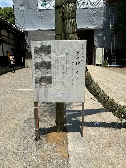 寺院の前に立てられた説明看板。看板には伝統的な行事に関する情報が示されている。背景には修復中の建物が見える。