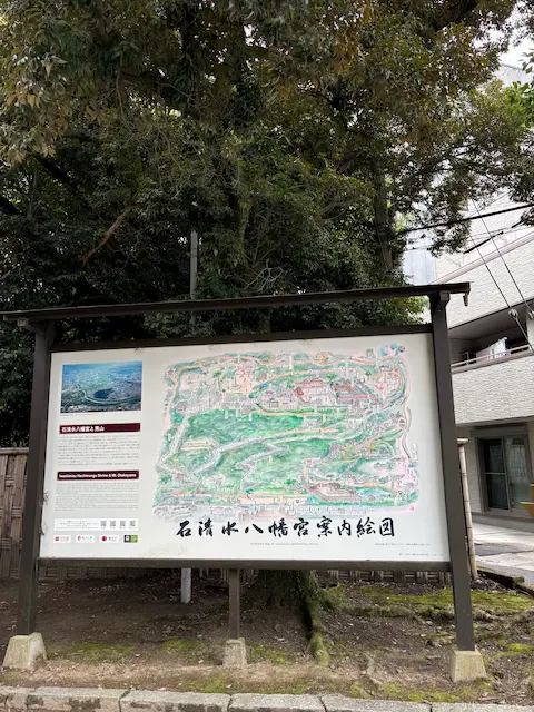 石清水八幡宮の案内図が描かれた看板の画像。